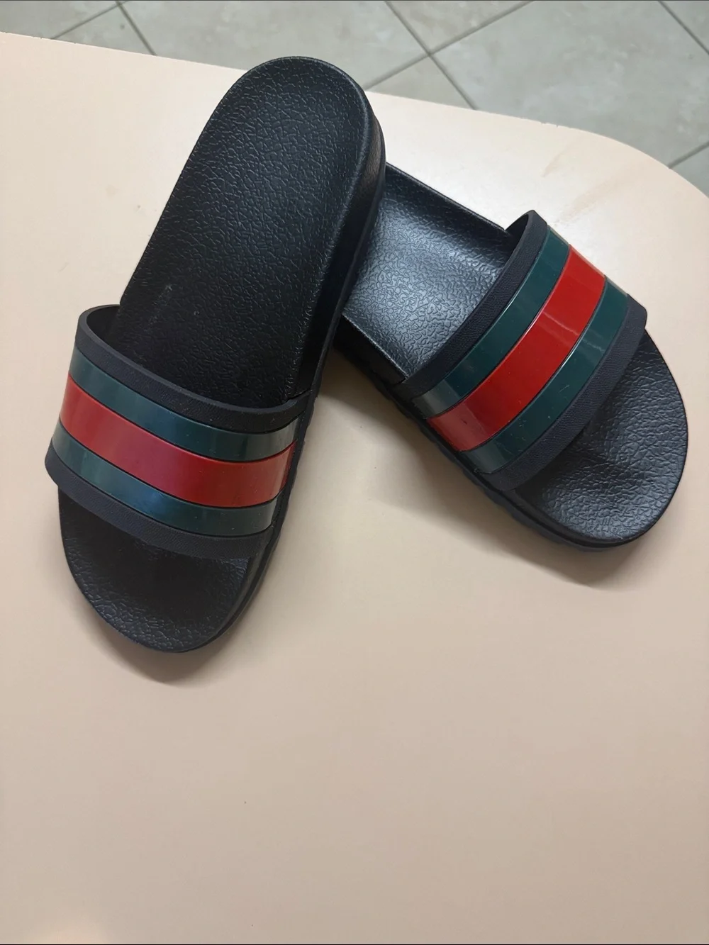 Gucci Black Slide Sandals with Red and Green Stripes